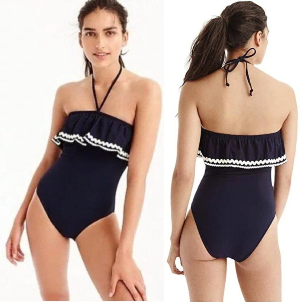 J. Crew Navy Halter Ric Rac Ruffle One Piece Swimsuit
